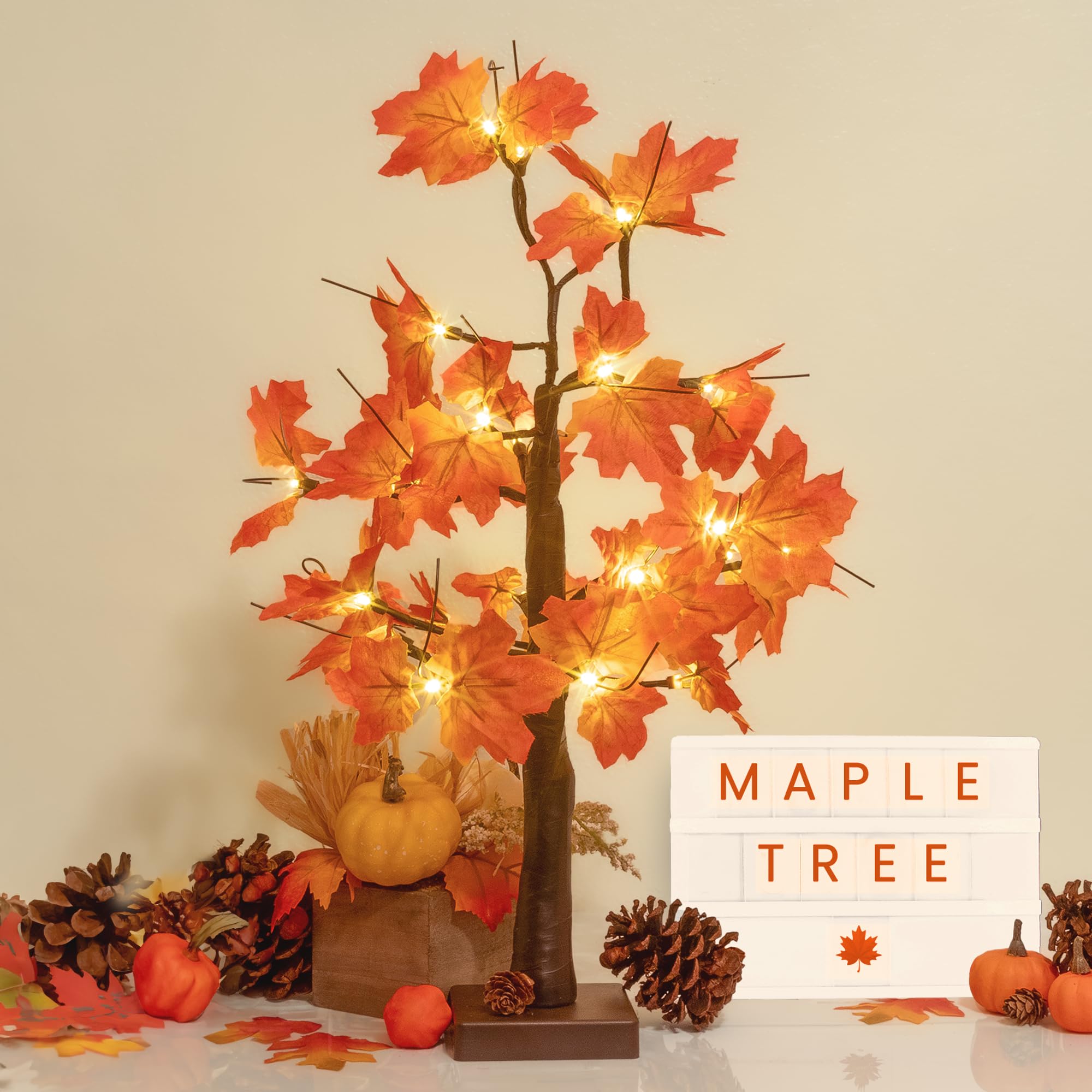 Photo 1 of 24-inch Fall Lighted Maple Tree, 24 LED Lights, USB/Battery Operated Tree Thanksgiving Table Centerpieces Decoration Tree for Home Fireplace Autumn Harvest Tabletop Indoor Decor
