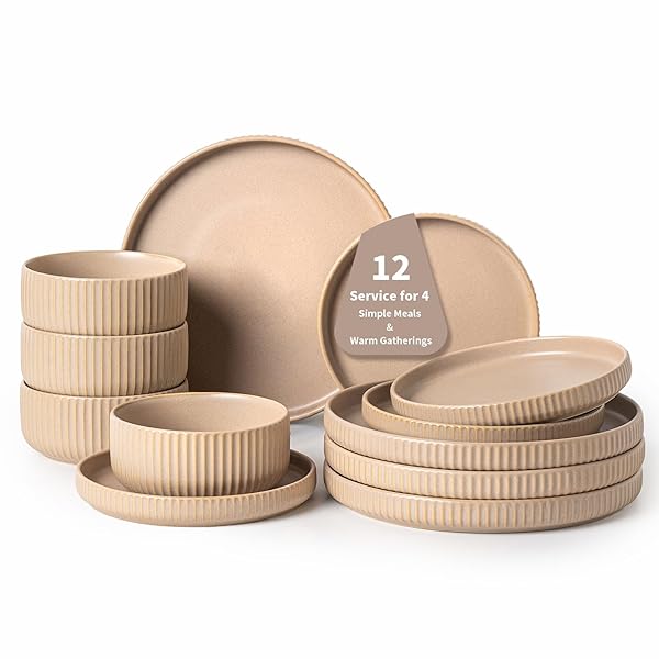 FOBENTA DINNERWARE SETS FOR 4,MICROWAVE SAFE PLATES AND BOWLS SETS,12 PIECE DYLAN DISH SET,REACTIVE GLAZE STONEWARE DINNERWARE SET (MATTE REACTIVE KHAKI BEIGE, SERVICE FOR 4 (12PCS))