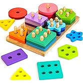 HELLOWOOD Wooden Sort & Stack Toy for 12+ Months Toddlers, 24pcs Large Geometric Blocks with Bonus Flash Cards, Montessori To