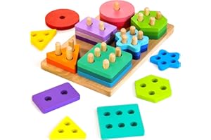 HELLOWOOD Wooden Sorting & Stacking Toys, Montessori Toys for 1 2 3 Years Old Toddlers, Shape Sorter Puzzles with 24-Piece Large Geometric Blocks & 12 Word Cards, Gift for 12+ Months Baby Boys Girls