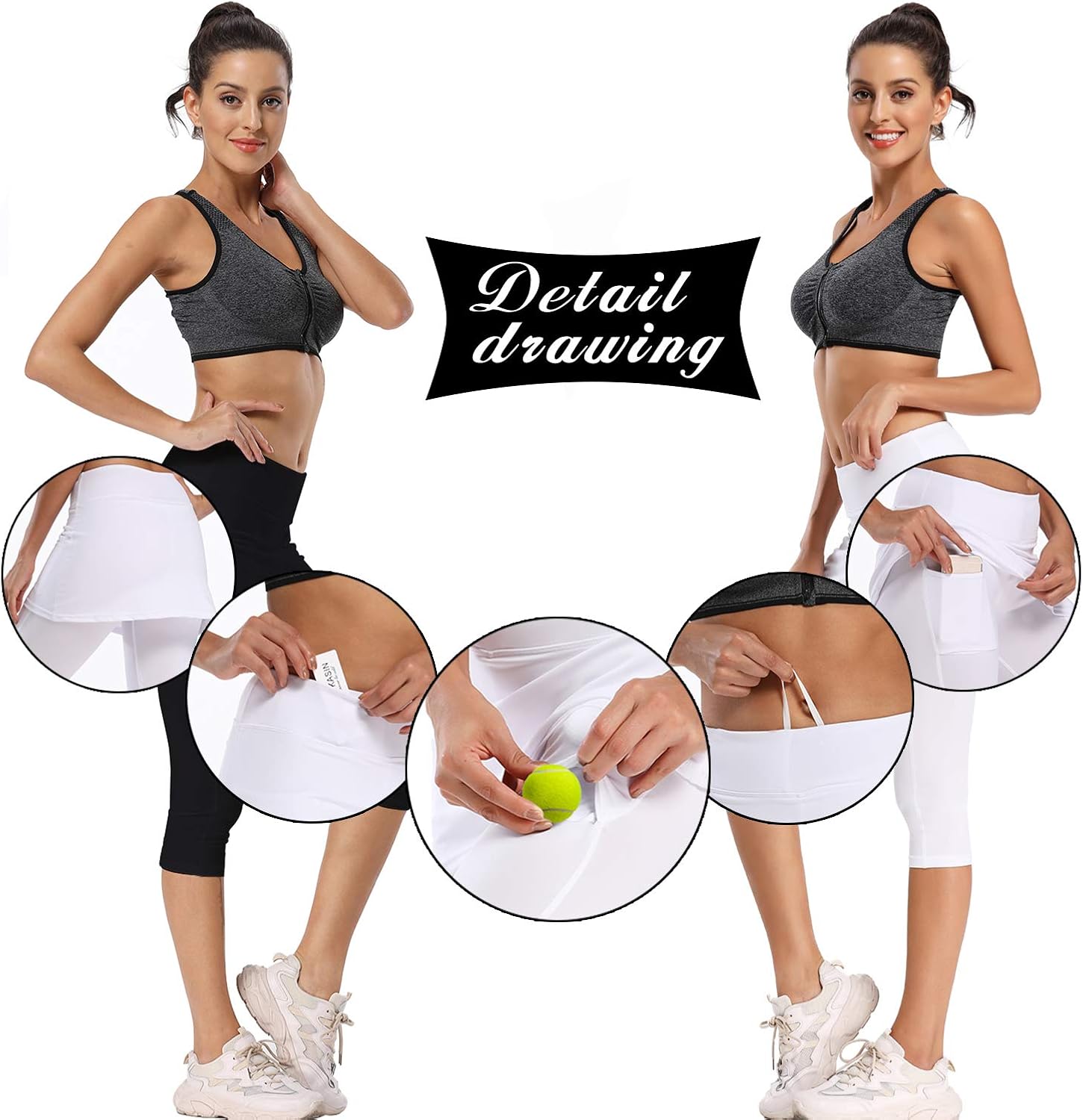 Ibeauti Womens UPF 50+ Skirted Capri Leggings Yoga Pants with Skirt Pockets for Tennis Running Workout Active: Clothing
