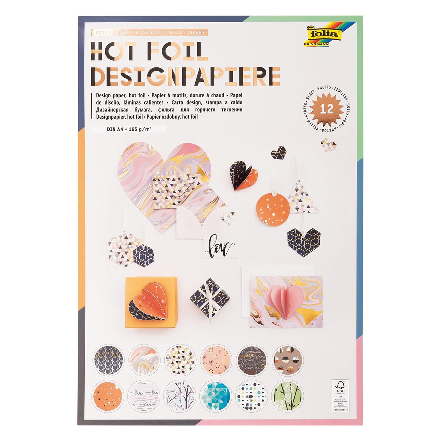 folia 11849 Hotfoil Design Paper Pad DIN A4 165 g/m² 12 Sheets Assorted Designs High-Quality Illustrated Paper with Hot Foil Application
