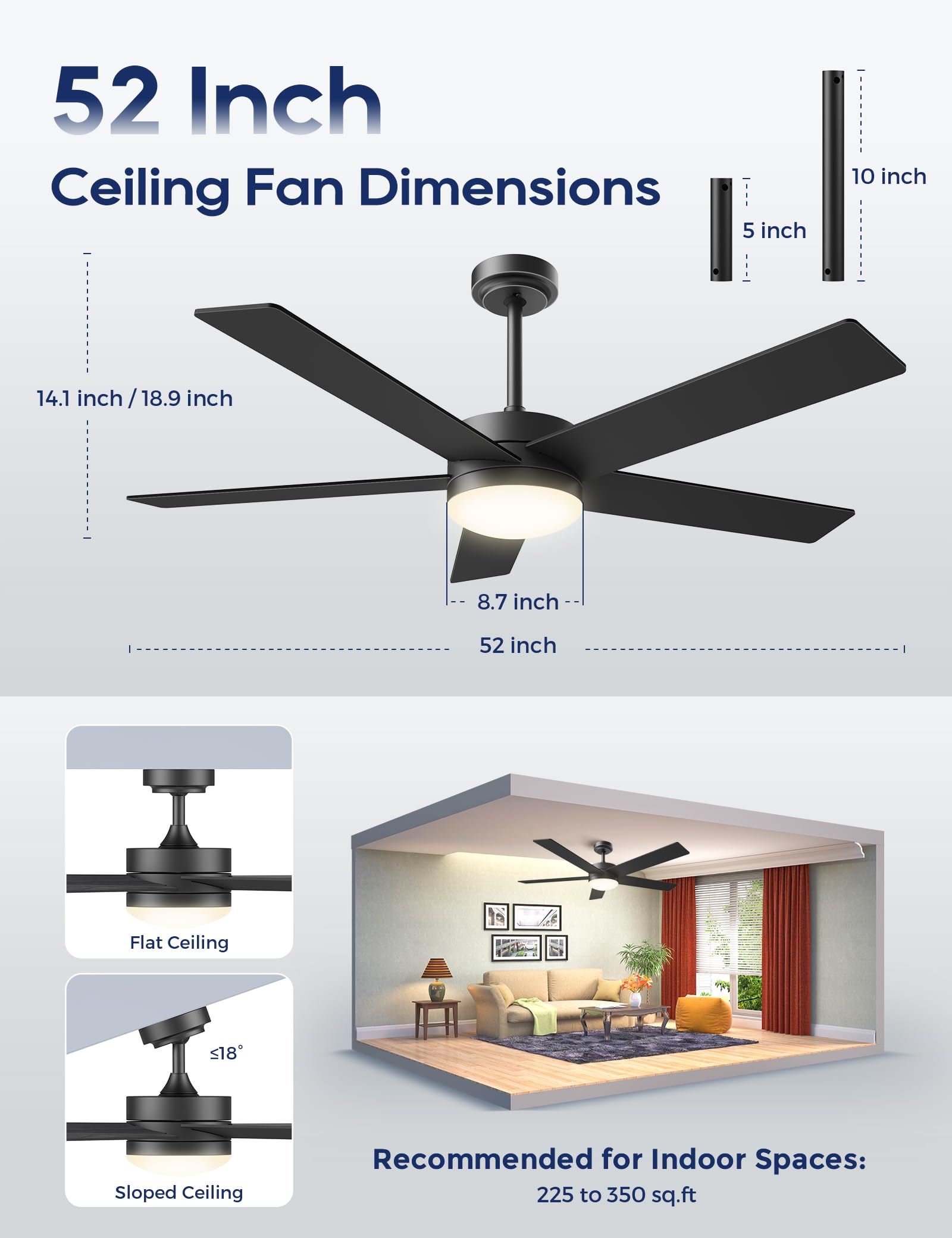 Ceiling Fans with Lights and Remote, 52 inch Ceiling Fans with Flush Mount, 22W 3-Color LED Light, 6 Speed Reversible, Dual Finish 5 Blades Noiseless for Patio, Living room, Indoor/Outdoor Use, Black