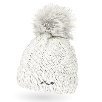 Neverless gefütterte Damen Strickmütze mit Fell-Bommel und Fleece-Futter, Kunstfell, Winter-Mütze, Bommelmütze