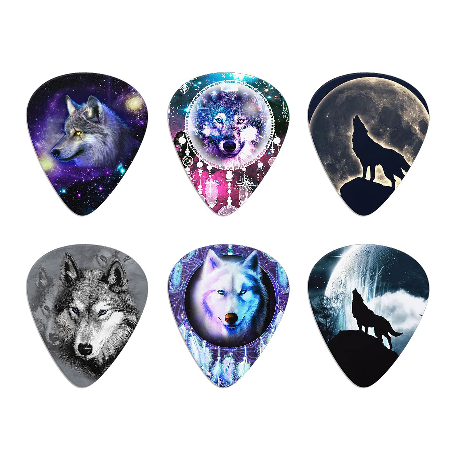 Howilath Galaxy Wolf Guitar Picks, Cool Wolves Dream Catcher Punk Wolf Howling Moon Thumb Picks 6 Pcs Guitar Plectrums ABS Pick for Acoustic, Electric, Bass Guitar 0.96mm