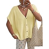 Saodimallsu Womens Spring Oversized Cardigans Batwing Short Sleeve Lightweight Button V Neck Casual Knit Sweater Tops