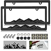 NJNYLLC Mountain License Plate Frames - Plastic Car Tag Holders with Raised Mountain Design, Black on Black, 2 Pack 2 Hole with Screws & Caps, Mountain Vinyl Sticker Included