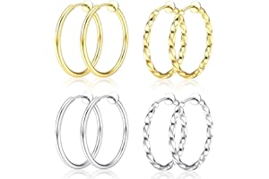 Sanfenly 8Pcs Clip On Hoop Earrings for Women Stainless Steel, Silver Gold Non Piercing Big Hoop Earring Hypoallergenic Twisted Hoop Earrings for Non Pierced Lightweight Ears