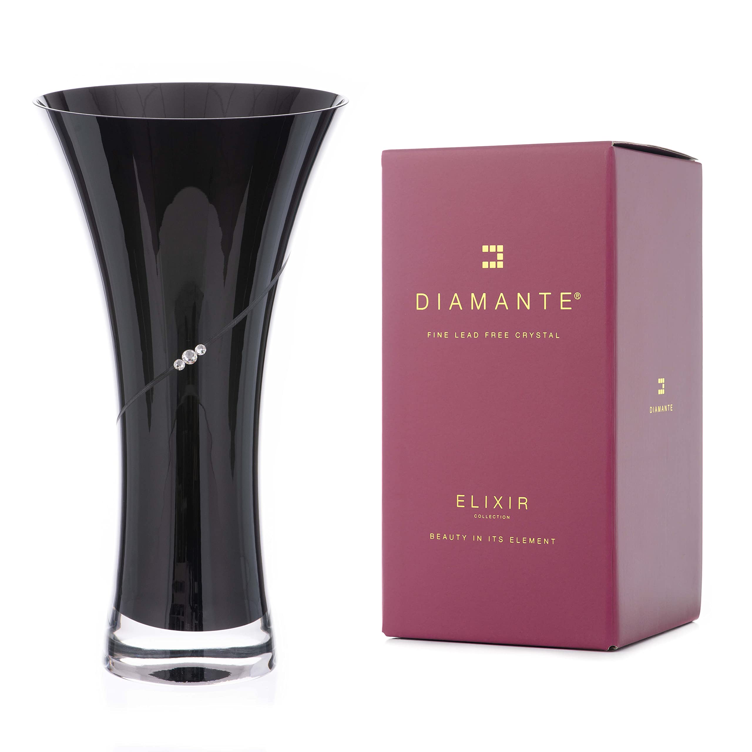 Diamante Black Silhouette Hollow Sided Trumpet Tapered Flared Vase with Crystals - 25cm|9.8inches tall in gift box
