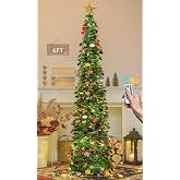 HMASYO 6 FT Pop Up Christmas Tree with 100 LED Timer Lights &amp; Remote, Green Christmas Tinsel Tree, Collapsible Artificial Pencil Tree for Home Office Party Decor, USB Powered, Easy Assembly