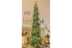HMASYO 6 FT Pop Up Christmas Tree with 100 LED Lights & Remote, Green Christmas Tinsel Tree, Collapsible Artificial Pencil Tr