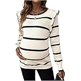 BEAUDRM Women's Maternity Sweater Striped Pattern Round Neck Long Sleeve Ruffle Tops