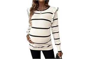 BEAUDRM Women's Maternity Sweater Striped Pattern Round Neck Long Sleeve Ruffle Tops