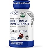 Nutri Organic Blueberry Pomegranate Supplement 1300mg - with 800mg 10:1 Extract & 500mg 10:1 Pomegranate Extract - USDA Certified Organic - 60 Count Capsules - High in Anthocyanins and Polyphenols