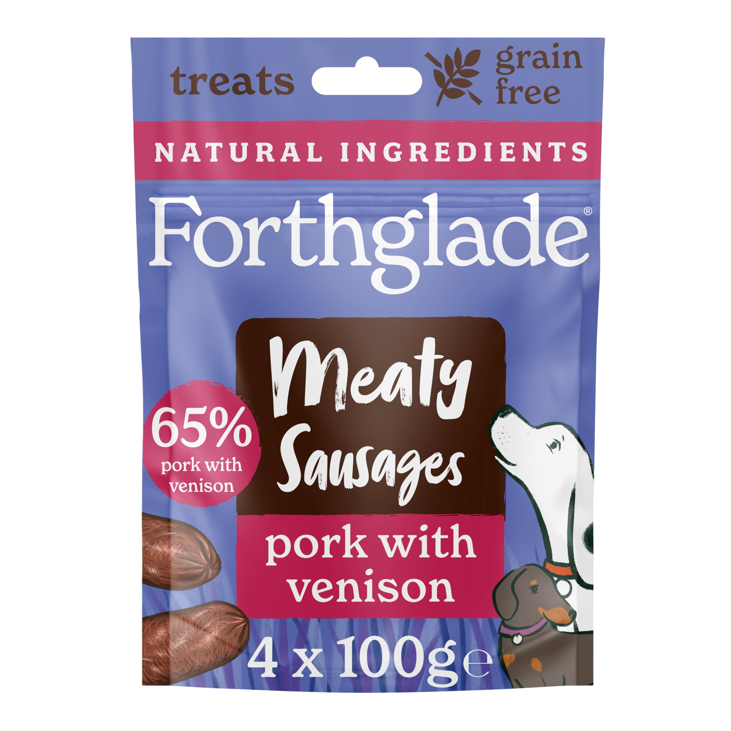 Forthglade Meaty Sausages (4 x 100g Bags) - Hypoallergenic & Grain Free Natural Dog Treats, Pork with Venison, Natural Dog Treats with 65% Meat, Resealable Bags