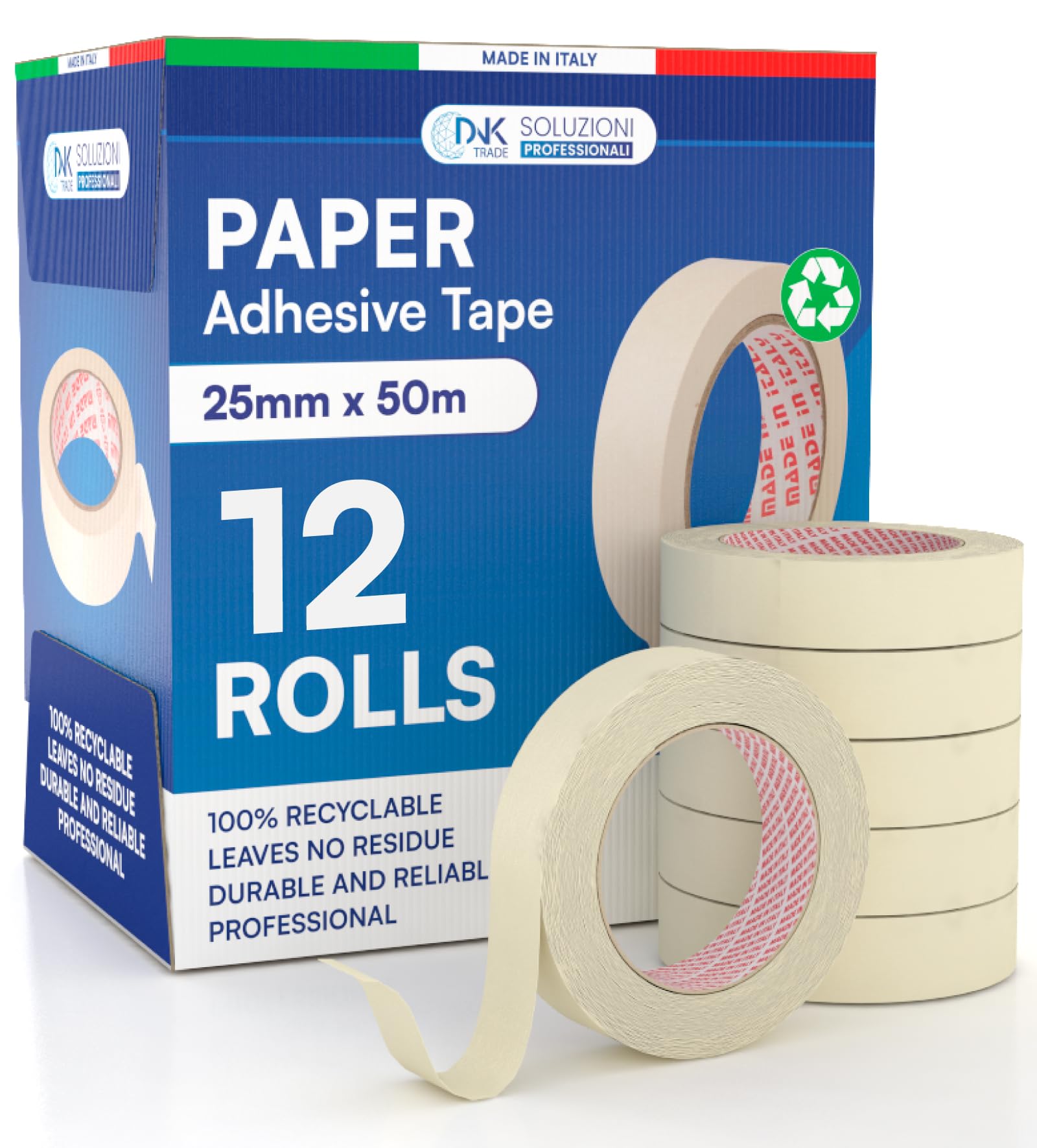 DNK TRADE Paper Tape - 12 Rolls of Painters Tape 25mm x 50m - Professional Gummed Paper 25x50 Recyclable for Masking Painting and Whitewashing