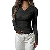Verdusa Women's Cable Knit Sweater V Neck Long Sleeve Fitted Pullover Tops Business Casual Fall Outfits