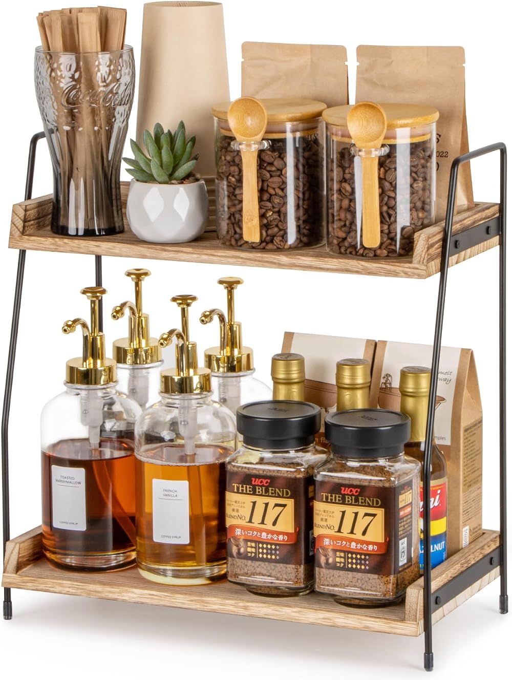 ANBOXIT 2 Tier Coffee Station Organizer Countertop Wooden Kitchen Storage Rack