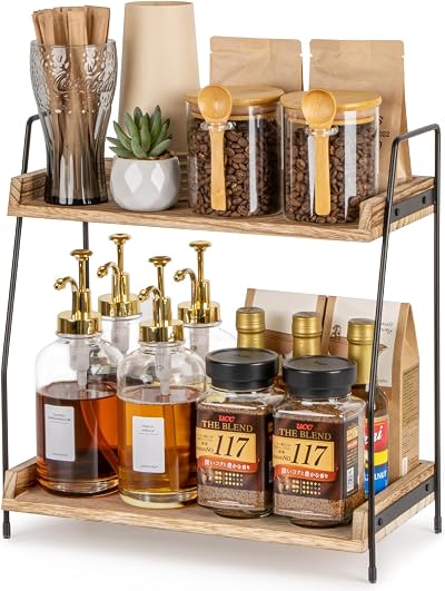 ANBOXIT 2 Tier Coffee Station Organizer Countertop Wooden Kitchen Storage Rack