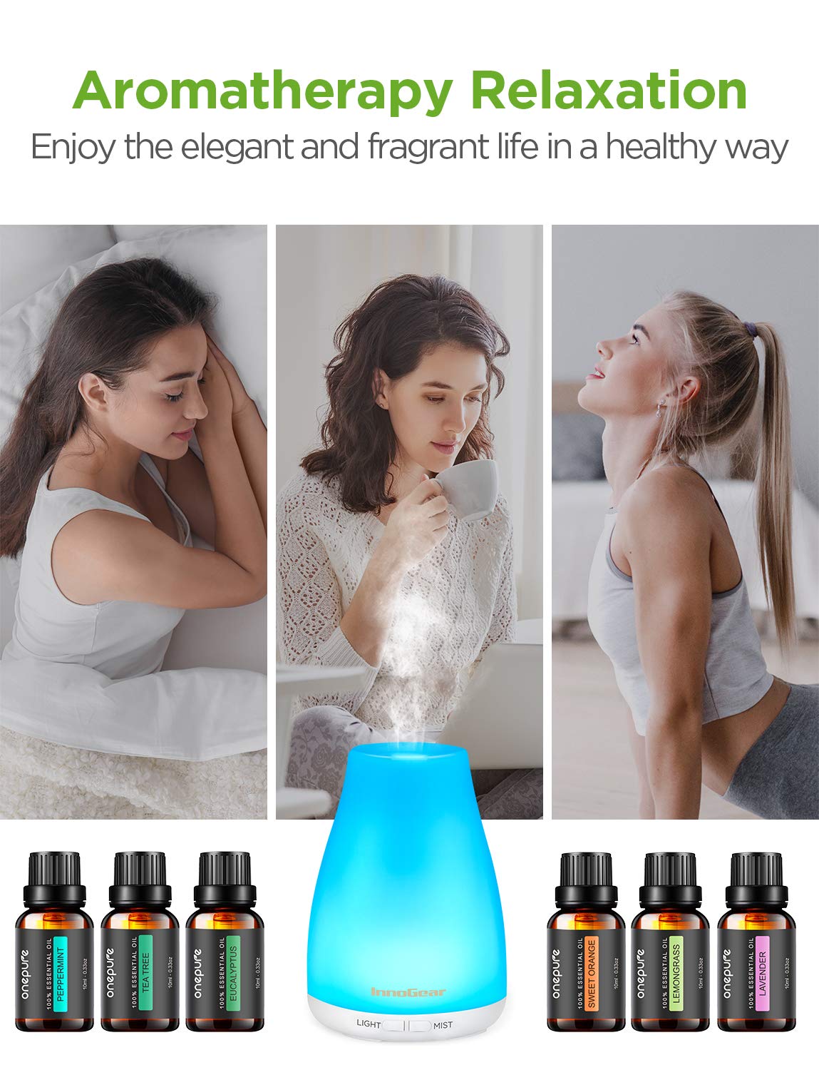 InnoGear Essential Oil Diffuser with Oils, 150ml Aromatherapy Diffuser with 6 Essential Oils Set, Aroma Cool Mist Humidifier Gift Set, White : Beauty