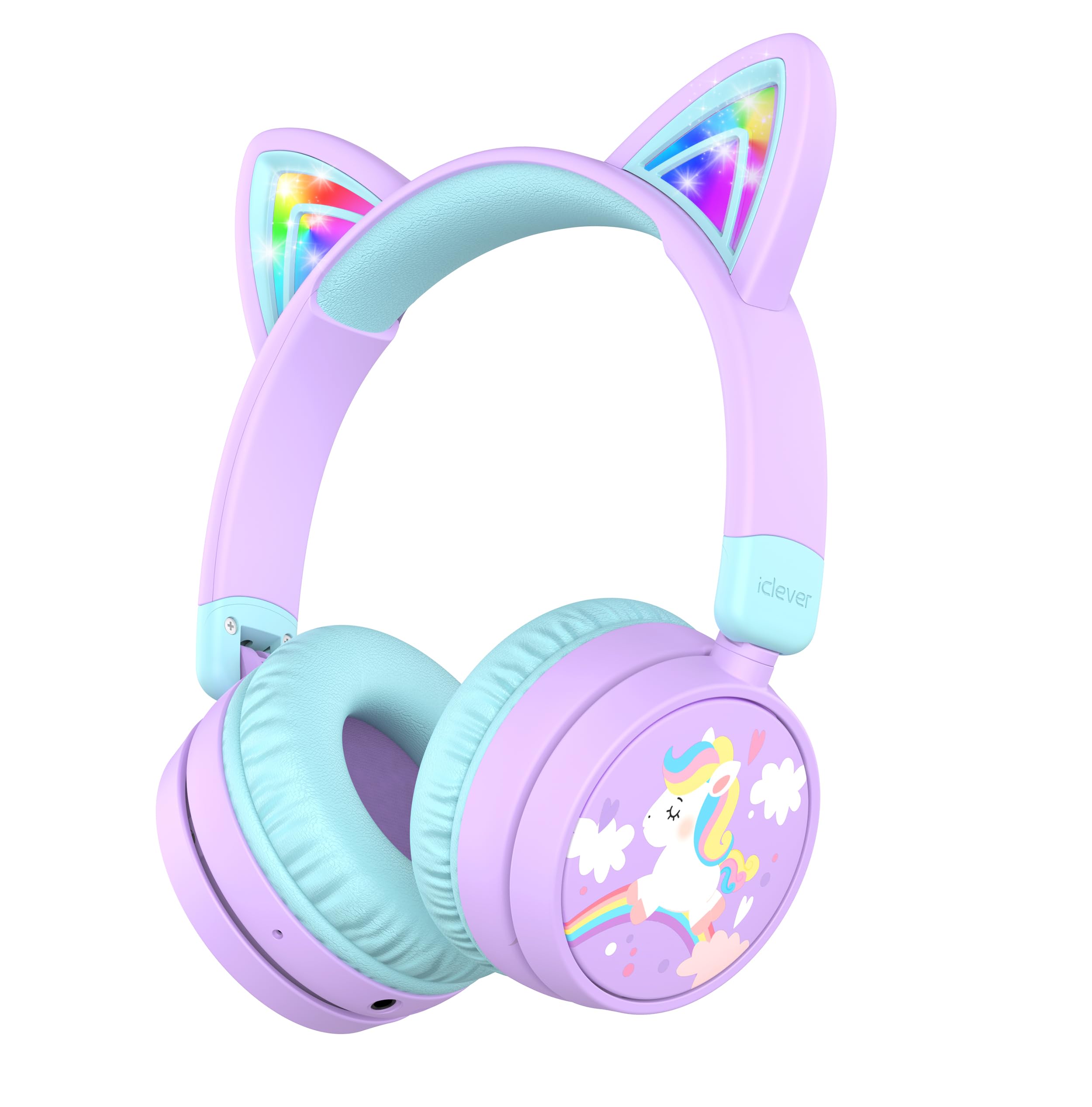 iClever Kids Bluetooth Headphones, 60H Playtime, LED Light Up Cat Ear, Safe Volume 74/85dBA, Bluetooth 5.3, USB C Charging, Kids Headphones Wireless Built in Mic for iPad Tablets Travel Gift