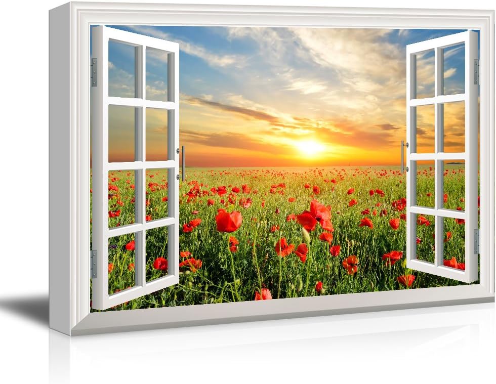 wall26 Canvas Print Wall Art Window View Landscape Sunset Red Poppy Flower Field Nature Wilderness Photography Modern Art Rustic Scenic Colorful Multicolor for Living Room, Bedroom, Office - 32"x48"