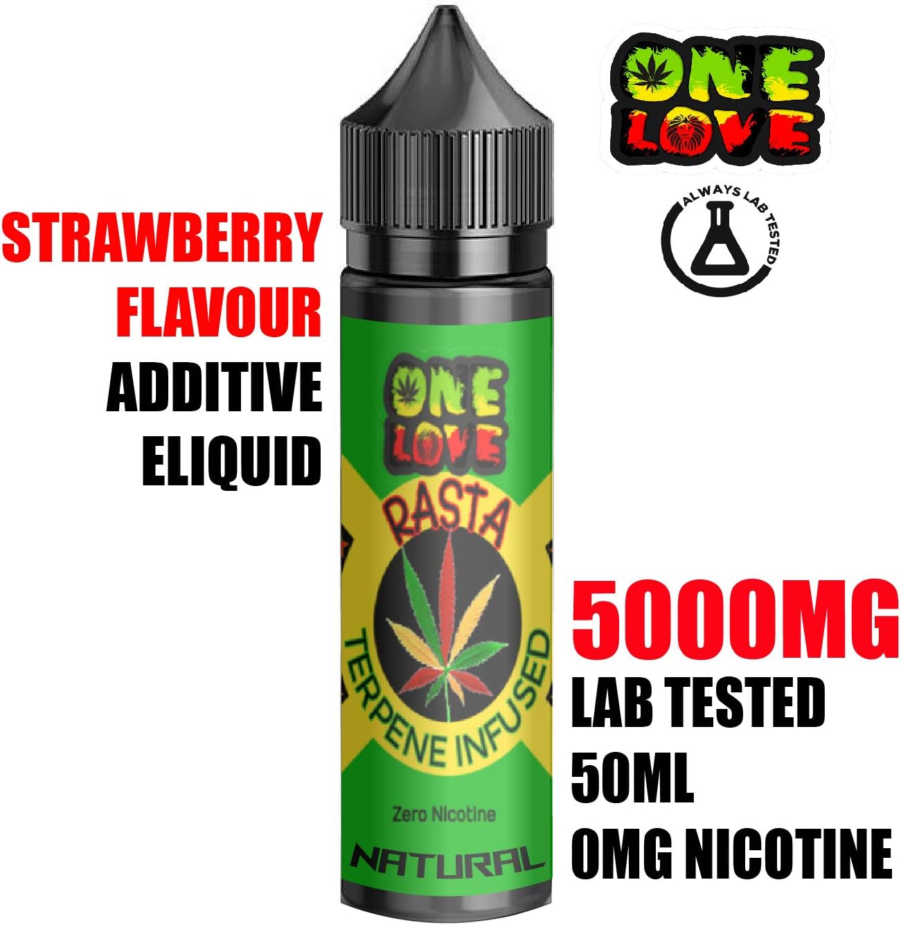 **Reduced for 1 Week** OneLoveRasta 5000mg Strawberry Flavour E Liquid - Helps Pain, Anxiety, Sleep Disorders, Stress - Vape eliquid Zero Nicotine
