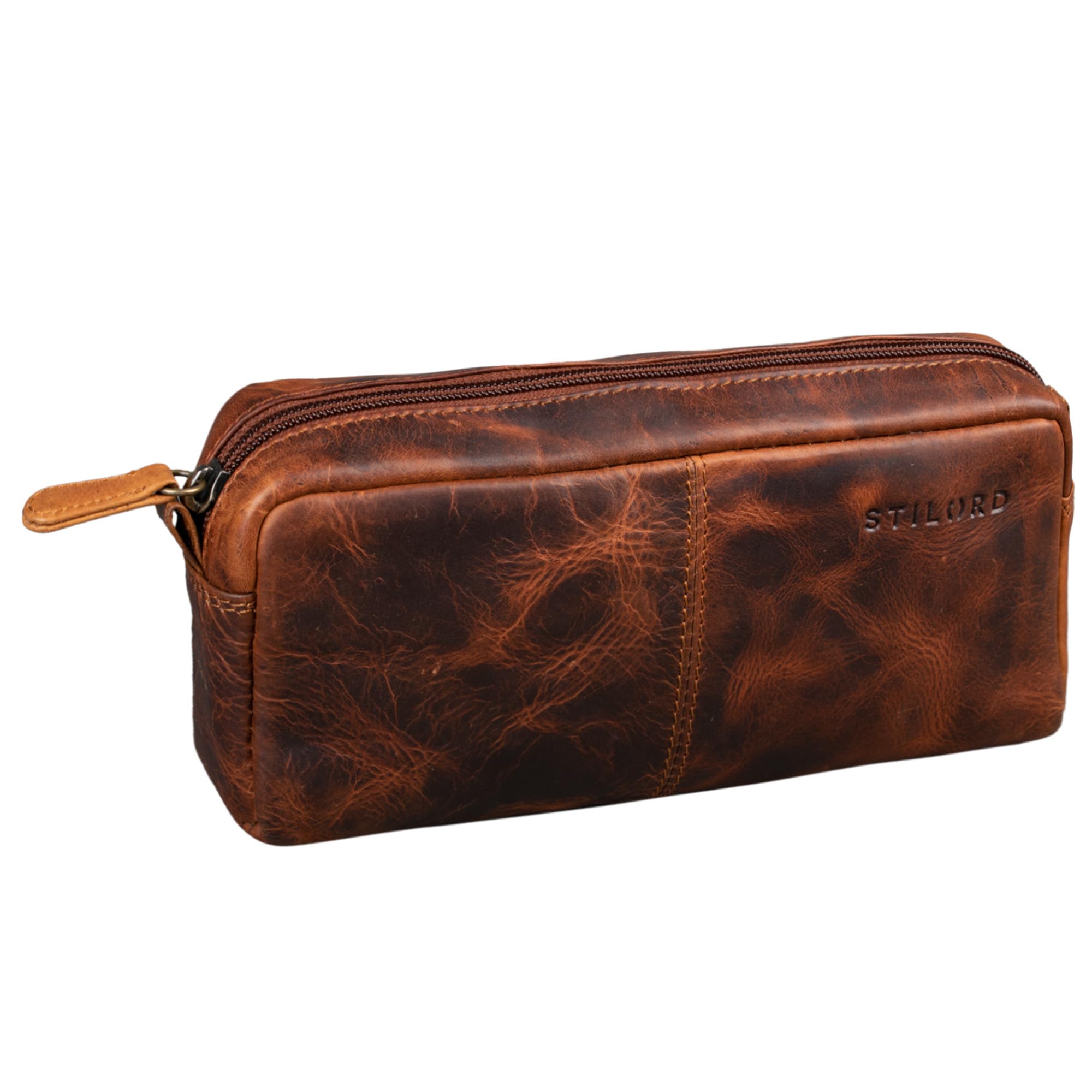 STILORD 'Spencer' Vintage Leather Pencil Case - Zipper Pouch - Organizer Roll-Up Pouch - Pen Case Genuine Leather, Colour:Kara - Cognac