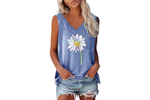 Mzkdieey Daisy Tank Tops for Women Summer V Neck Tank Top Floral Print Tees Wildflower Shirt Casual Sleeveless Loose Fit Vest