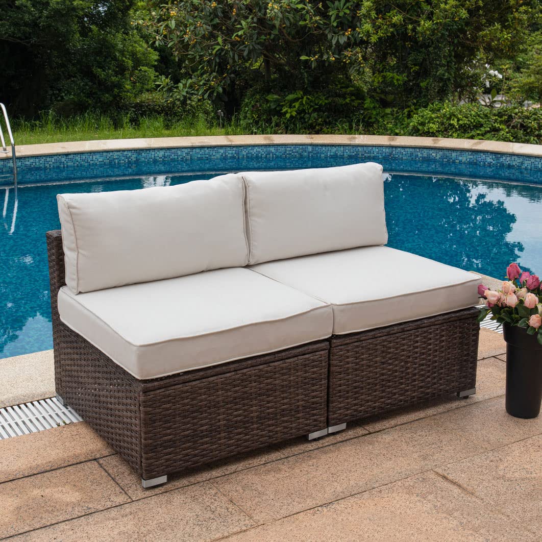 COSIEST 2-Piece Outdoor Furniture Add-on Armless Chairs for Expanding Wicker Sectional Sofa Set w Off White Thick Cushions for Garden, Pool, Backyard