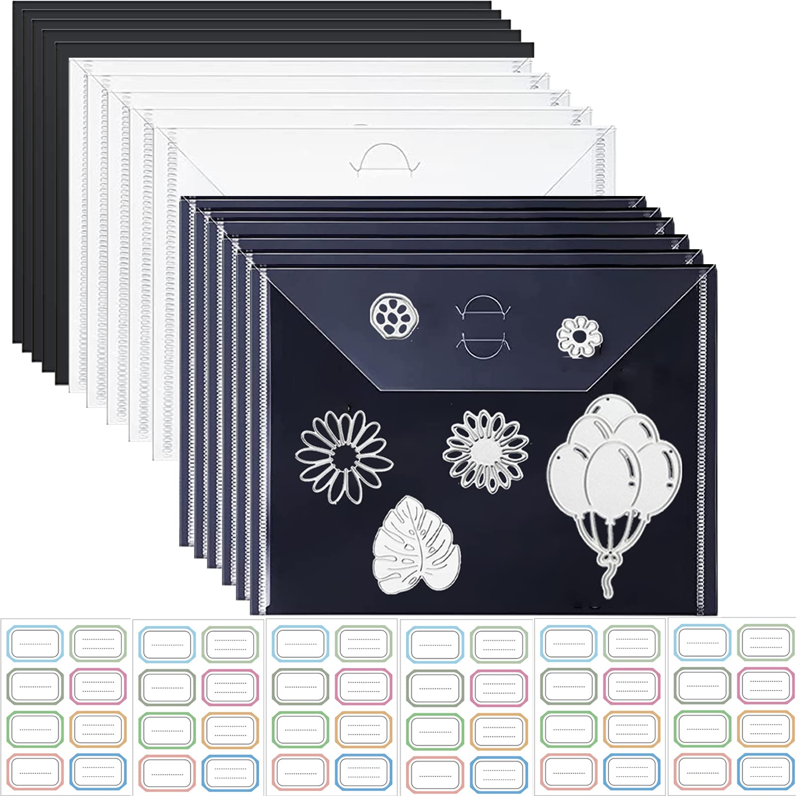 68 Pieces Dies and Stamp Storage 10 Pieces Plastic Clear Envelope & 10 Pieces Rubber Magnetic Sheets & 48 Pieces Label Stickers for Card Making Cutting Dies Stencil Organizer Holder for DIY Scrapbook
