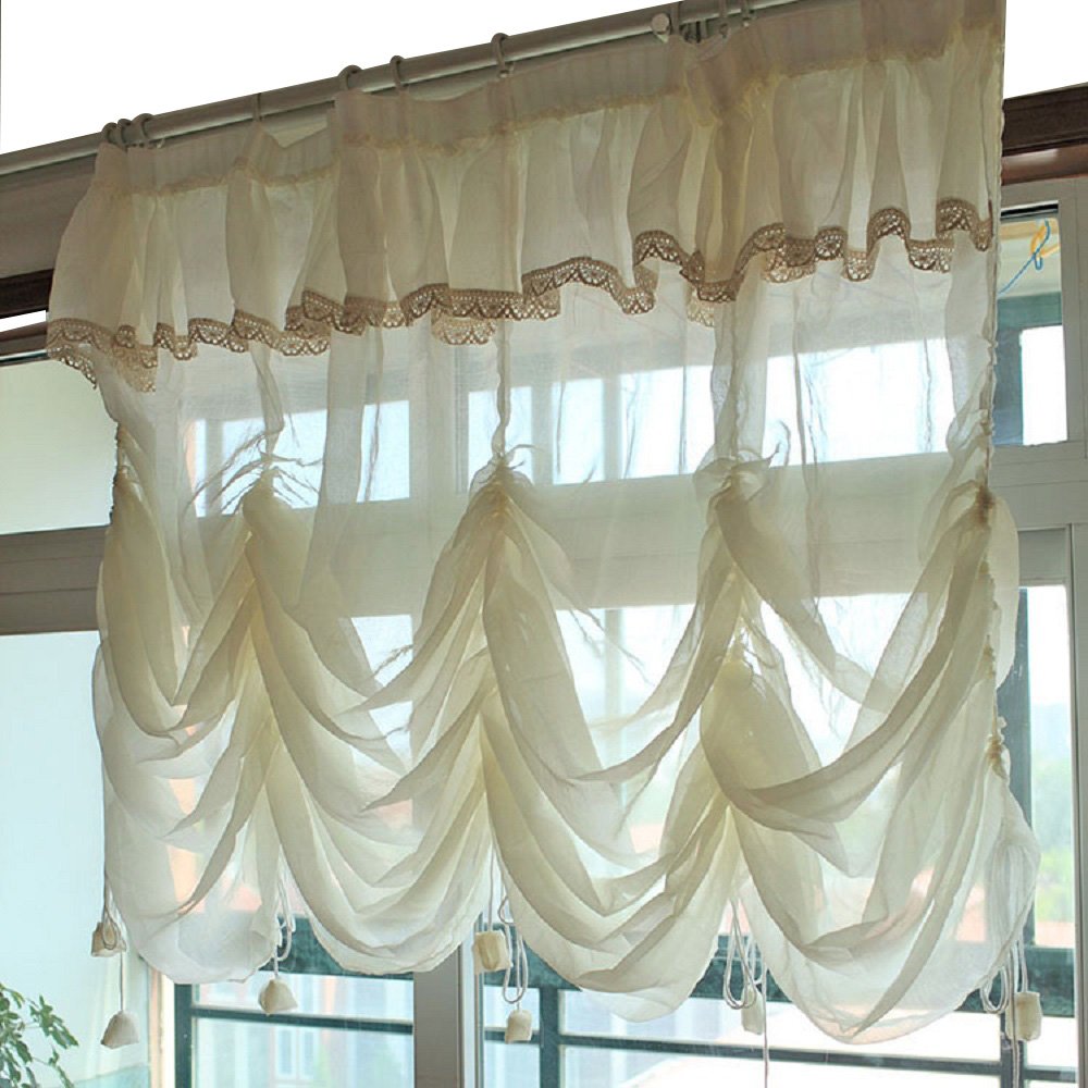 YOUSA Creamy White Balloon Curtains Sheer Curtain Lace Ruffle TieUp