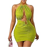 SweatyRocks Women's Sexy Bodycon Halter Dress Cut Out Open Back Ruched Texture Mini Party Dresses