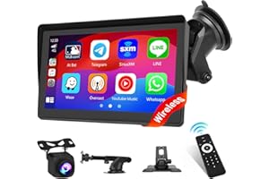 Hikity Wireless Apple Carplay Portable Car Stereo, 7 Inch Portable Android Auto Car Screen with Airplay, Voice Control, Bluetooth, FM, USB/TF/Av Input, Dash and Windshield Mount, Backup Camera