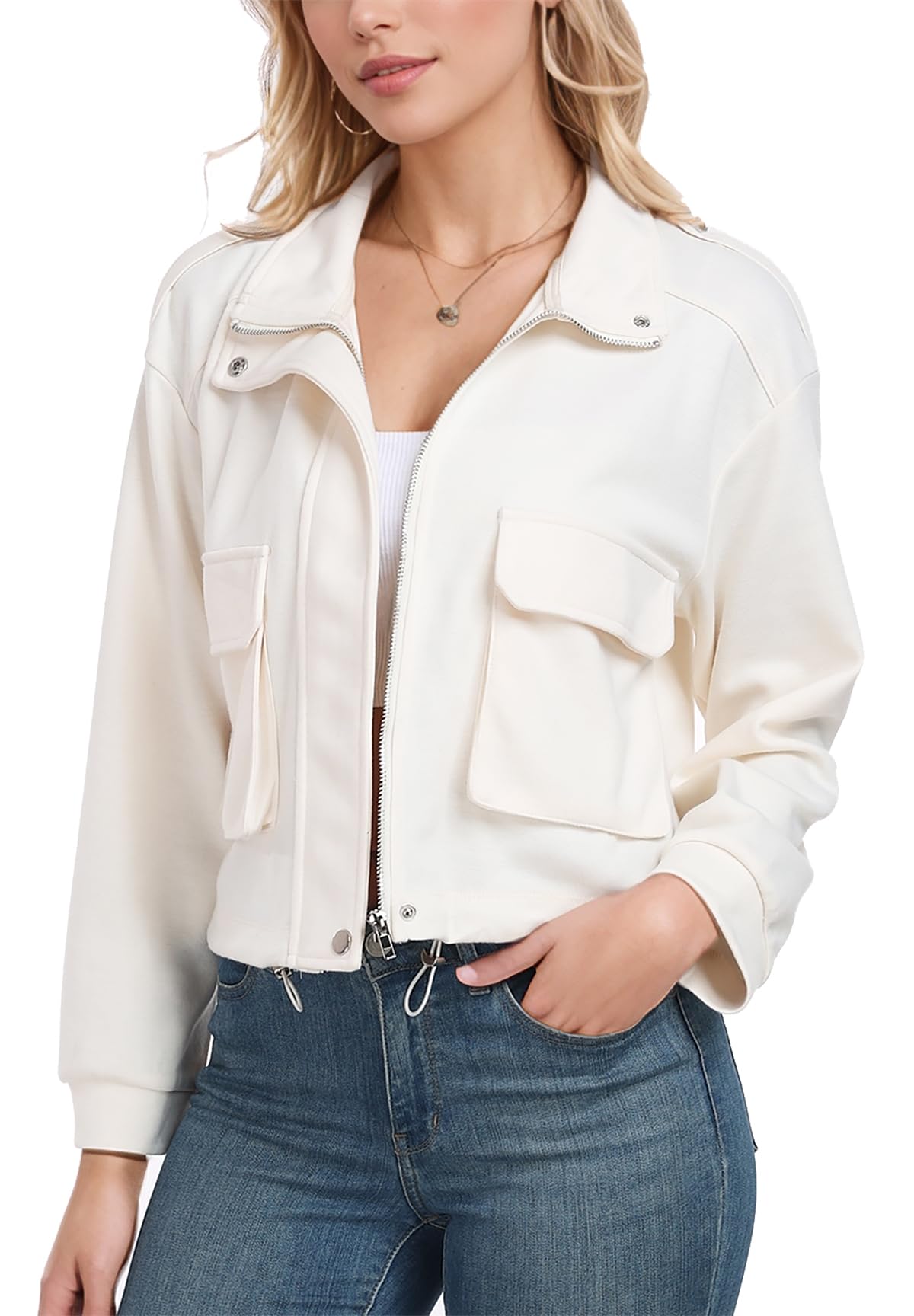 Photo 1 of MISS MOLY Women Cropped Shacket Jacket Zip Up Bomber Jacket Casual Sweatshirt Summer Outerwear Trendy Utility with Pockets Beige M