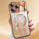 Oyfcasel Glitter Designed for iPhone 17 Pro Max Case 6.9"[Privacy Screen Protector*1],Compatible with MagSafe,with Camera Lens Protector,Magnetic Bling Sparkly Anti-Scratch Plating Bling Case Gold