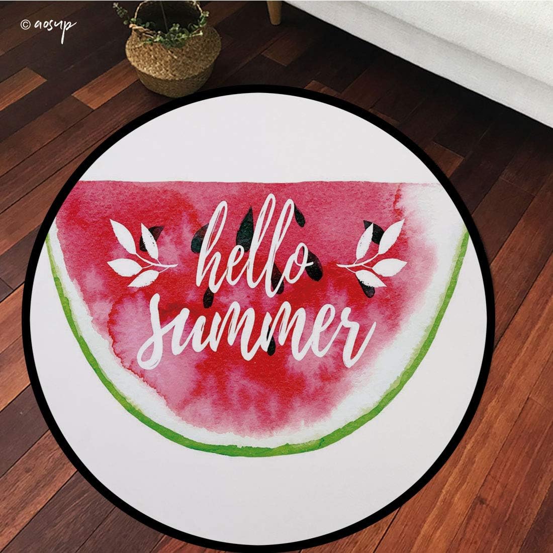 №14673 Round Area Rug Floor Kitchen Carpet, Lifestyle Decor,Watercolor Watermelon Figure with Hello Summer Motivation Quote Paint Print,Red Green, for Home Decor