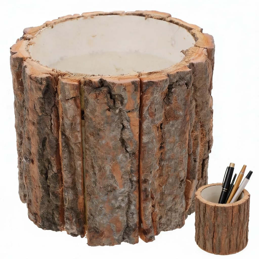 DOITOOL Tree Stump Planter - Faux Bark Log Plant Pots Indoor - Small Waterproof Wood Effect Succulent Flower Pot - Rustic Barrel Planter with Drainage Hole for Desk Tabletop Garden Decor 12cm