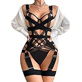 WDIRARA Women's Exotic Strappy Harness Hollow Out Underwired 4 Piece Lingerie Set