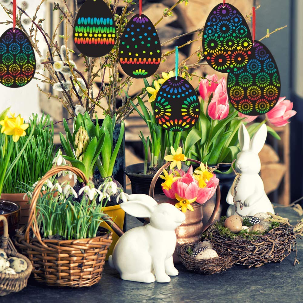 Koogel Osterei Kratzbilder, 36 Stück Kratzpapier Bastelset Kinder mit Holzstäbchen und Buntem Band für Ostern Geburtstag Party Dekoration DIY Handwerk