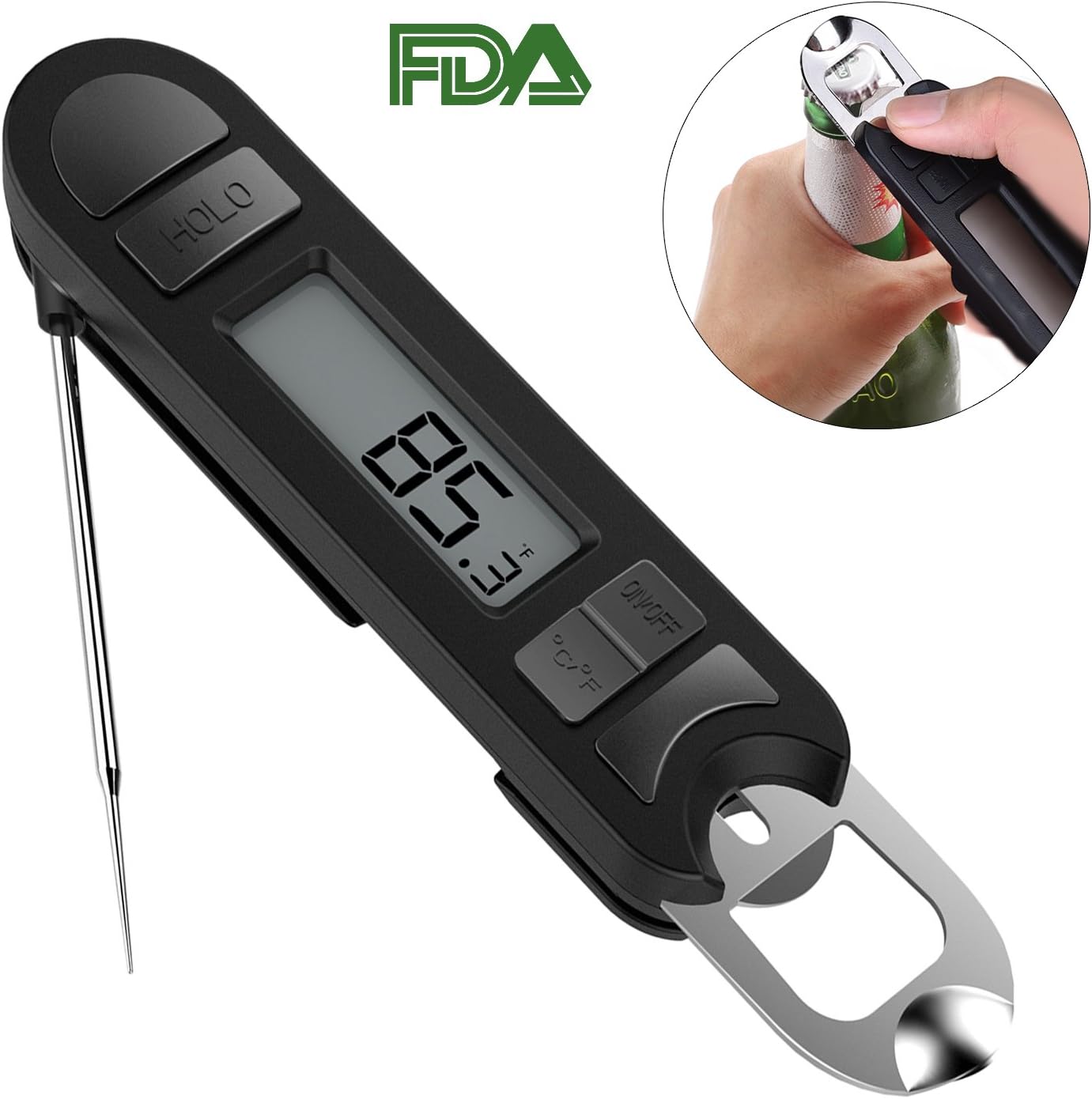 EatekPower Instant Read Digital Meat Thermometer, Super Fast Read with Backlit Screen Long Probe Bottle Opener for Kitchen BBQ Grill Food Fish