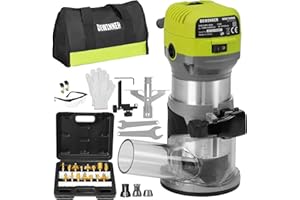 DEWINNER Compact Wood Router, 6.5-Amp 1.25 HP Trim Router Tool with 6 Variable Speeds (13000-33000 RPM), Edge Guide & 15pcs 1
