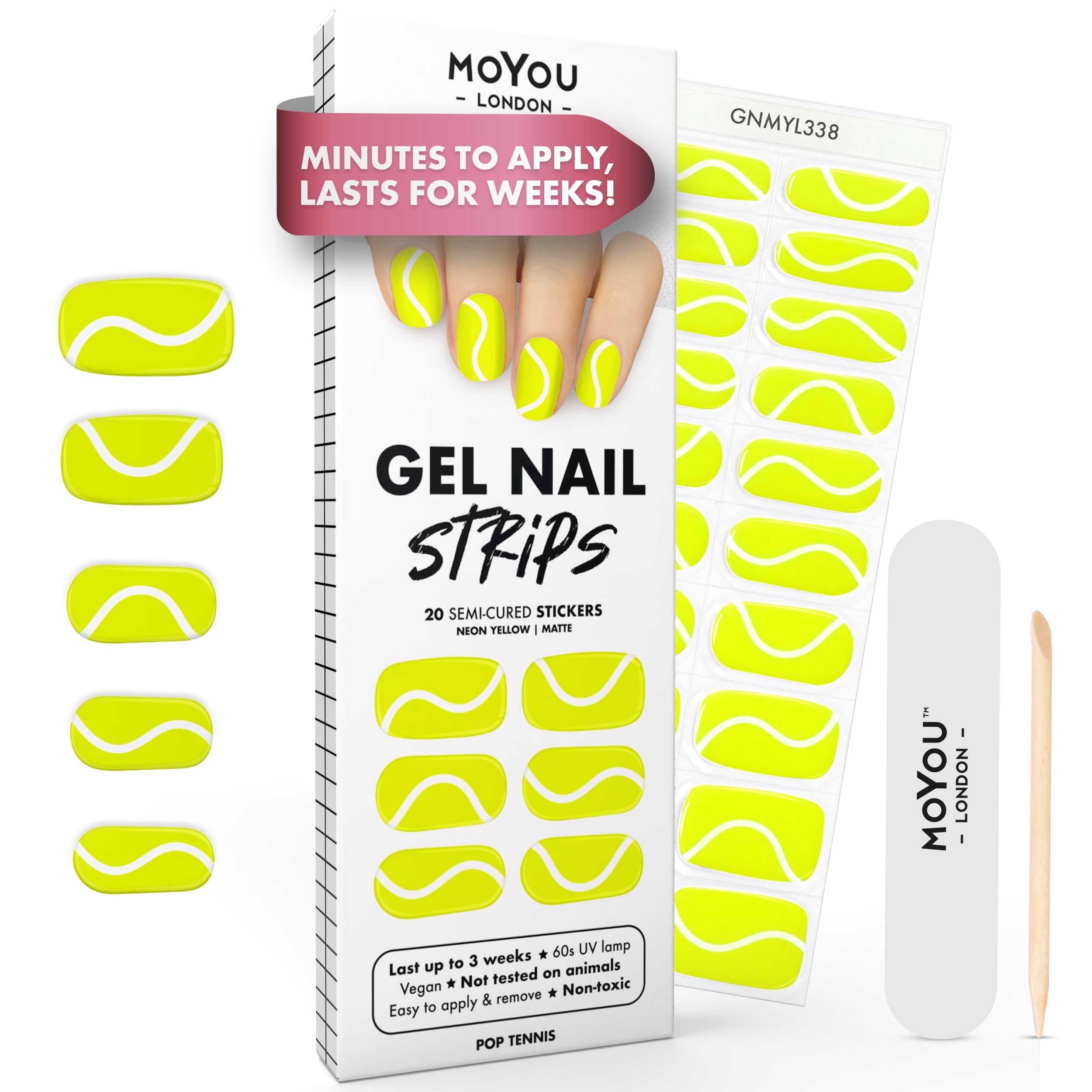MOYOU LONDON Semi Cured Gel Nail Strips - 20 Pcs. Waterproof Gel Nail Wraps, Cures in Sunlight or UV/LED Lamp, Lasts Up to 2+ Weeks, Stretchable, Easy to Apply & Remove, Vegan & Cruelty-Free
