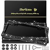 QUANQIUFEI 2 Pack Bling License Plate Frames for Women, Sparkly Rhinestone Diamond Car Accessories with Glitter Crystal Caps (Black)
