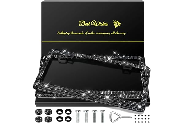 QUANQIUFEI 2 Pack Bling License Plate Frames for Women, Sparkly Rhinestone Diamond Car Accessories with Glitter Crystal Caps (Black)