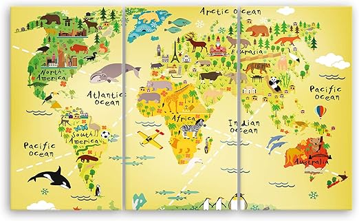 Bilderdepot24 Hochwertiges Leinwandbild Xxl Weltkarte Fur Kinder Gelb Bild Fur Kinderzimmer 165 X 100 Cm Mehrteilig 3 Teilig 2200 J Amazon De Baumarkt