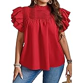 Falechay Womens Summer Tops Plus Size Ruffle Sleeve Blouses Dressy Casual Mock Neck Pleated Tunic Loose Fit Shirts