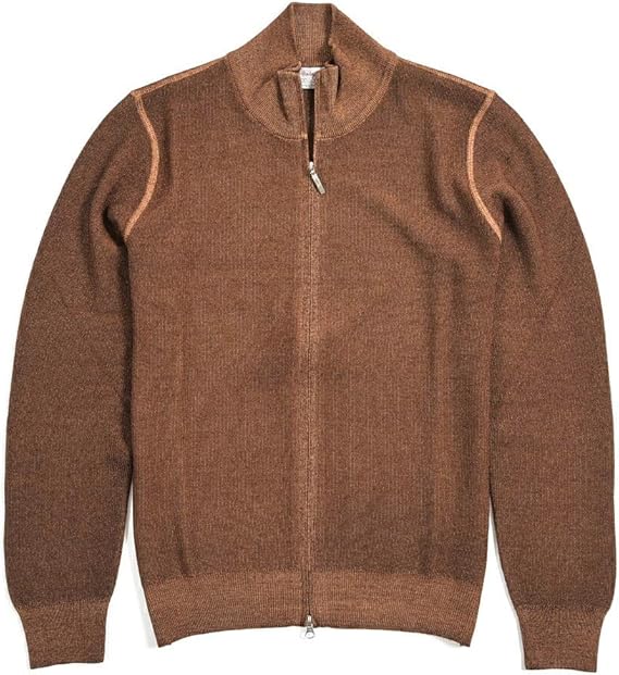 Amazon グランサッソ Vintage ジップアップ ニット カーディガン スタンドカラー 製品染め 長袖 メンズ ヴァージンウール 100 無地 ブラウン イタリア ブランド 並行輸入品 カーディガン 通販