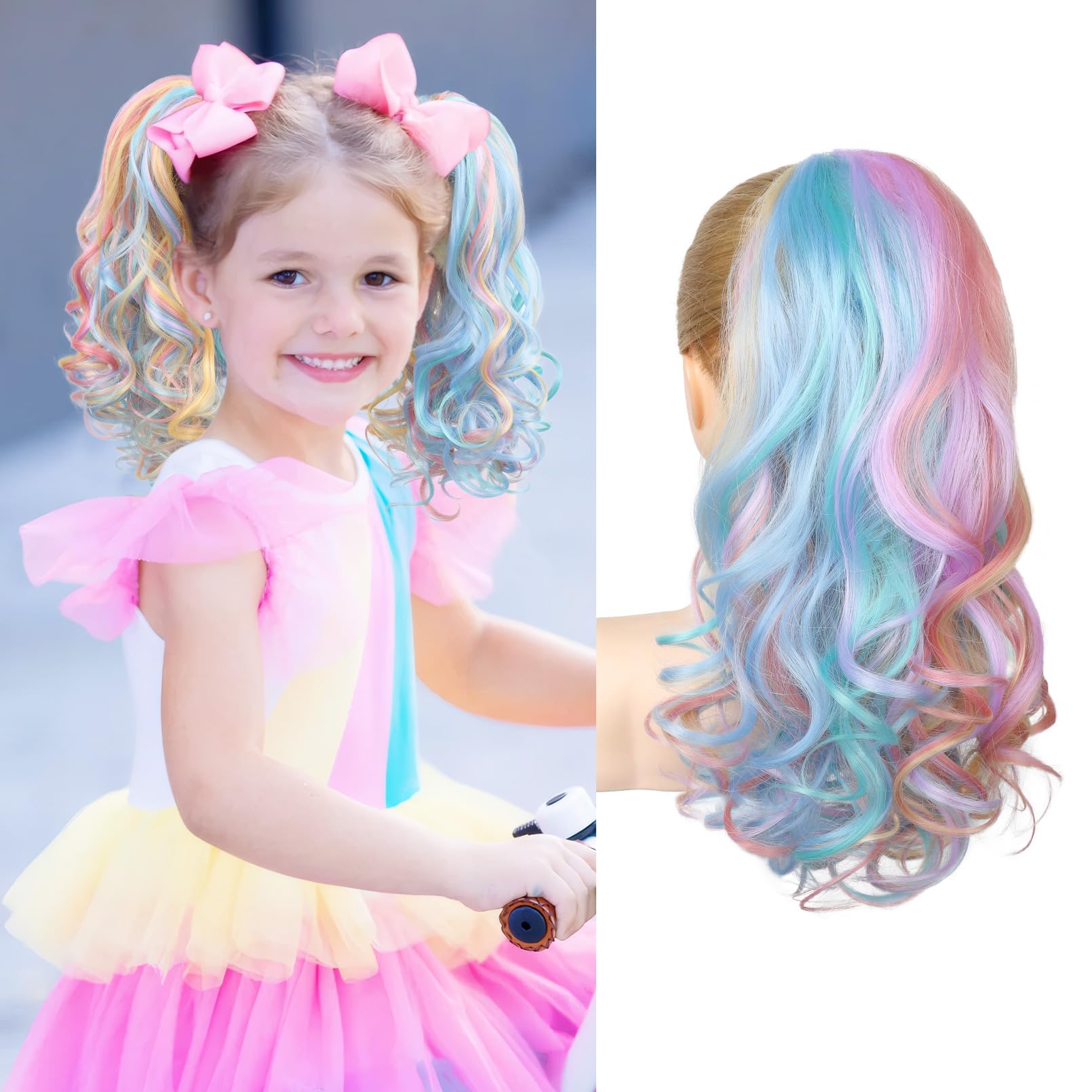 Photo 1 of SEIKEA Ponytail Extension, 16" Lightweight Wavy Curly Clip in Hair Extensions, Colored for Kids, Crazy Hair Day Accessories for Girls Synthetic Hairpiece Pastel Rainbow