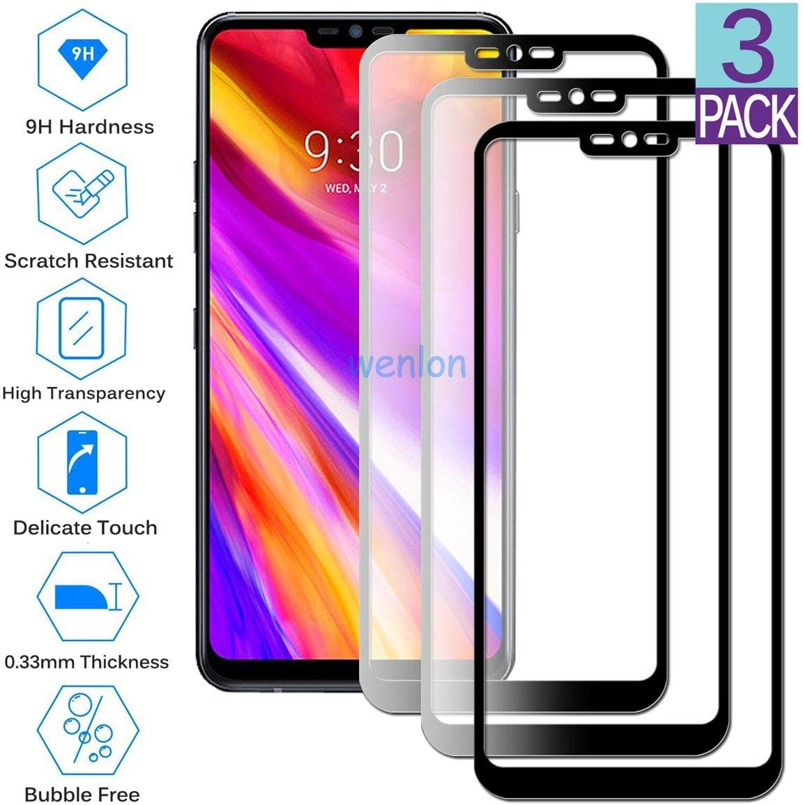 Wenlon[3 Pack Tempered glass screen protector for LG G7 ThinQ / G7 Fit / G7 One, 9H hard glass, full-coverage HD screen protector, full cover, scratch-resistant -Black